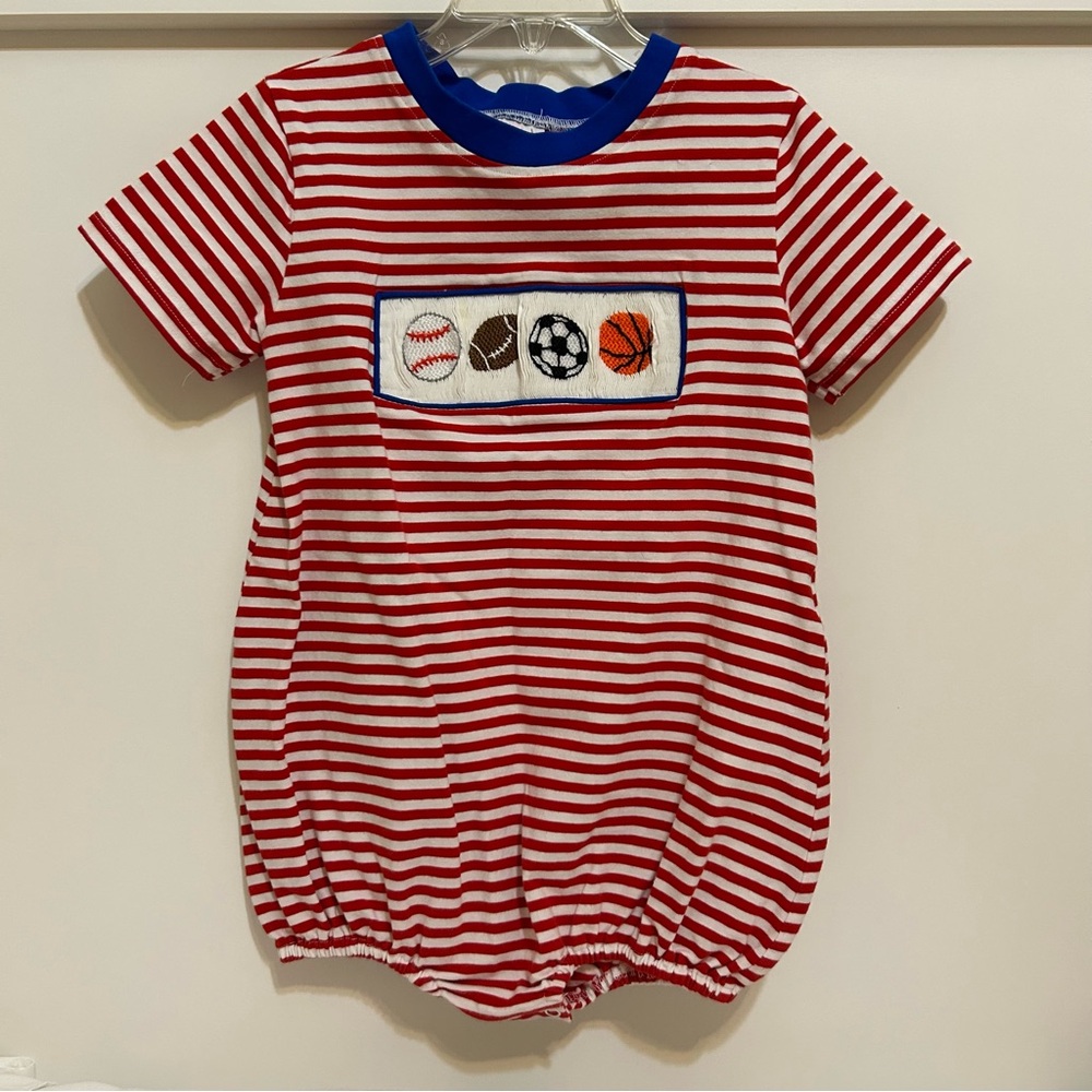 The Smocking Place Red Striped One Piece size 5 romper sports baseball football